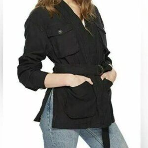 FREE PEOPLE In Our Nature Washed Black Military‎ Belted Cargo Jacket Sz M
